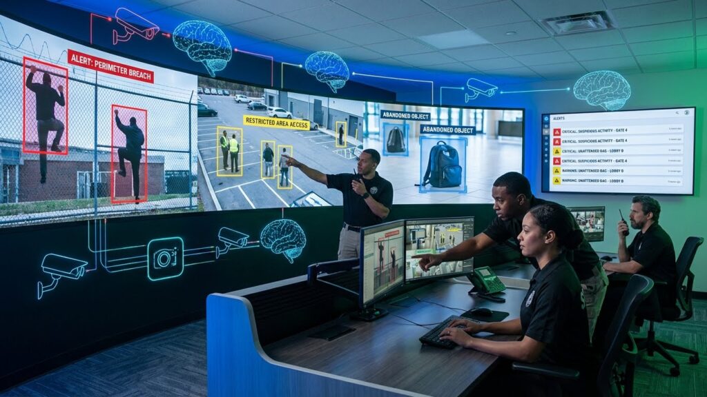 alt="Ilustração de VSaaS com nuvem em destaque e cérebro digital de inteligência artificial recebendo dados de câmeras IP, representando videomonitoramento inteligente na nuvem"
