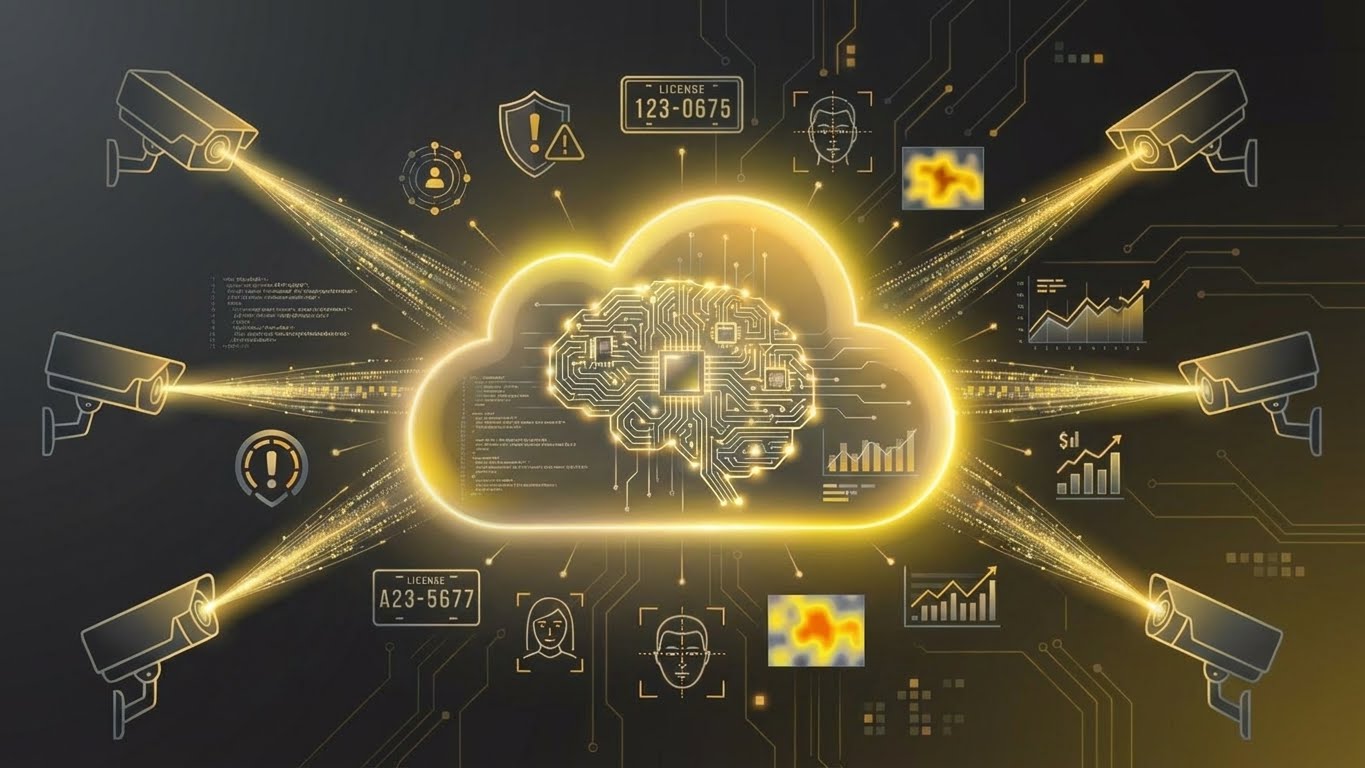 alt="Ilustração de VSaaS com nuvem em destaque e cérebro digital de inteligência artificial recebendo dados de câmeras IP, representando videomonitoramento inteligente na nuvem"